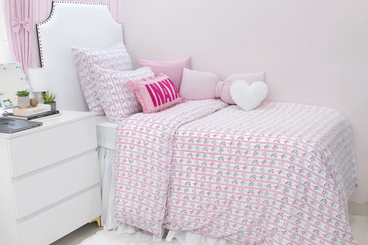 Hand Block Printed Organic Cotton Sateen Duvet Cover- Pink Floral Stripes
