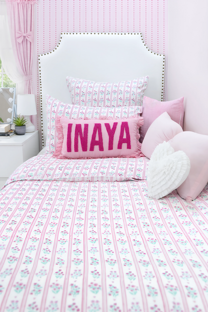Hand Block Printed Organic Cotton Sateen Duvet Cover- Pink Floral Stripes