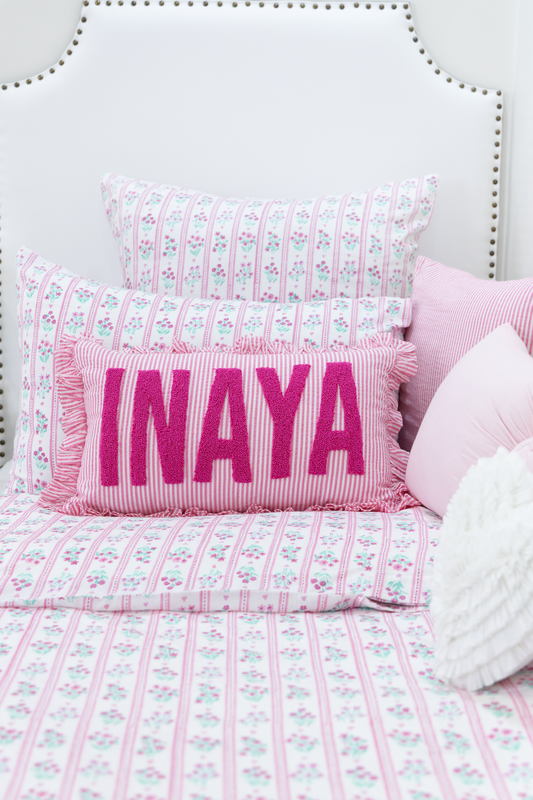Pink Stripes Custom Name Pillow Cover with Ruffles