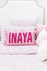 Pink Stripes Custom Name Pillow Cover with Ruffles