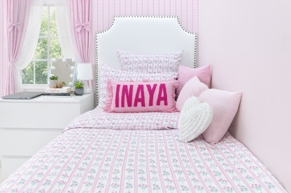 Pink Stripes Custom Name Pillow Cover with Ruffles