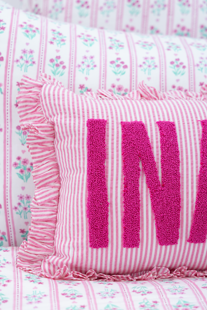 Pink Stripes Custom Name Pillow Cover with Ruffles