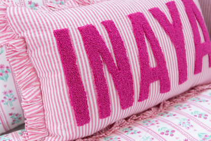 Pink Stripes Custom Name Pillow Cover with Ruffles