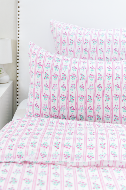 Hand Block Printed Organic Cotton Sateen Duvet Cover- Pink Floral Stripes