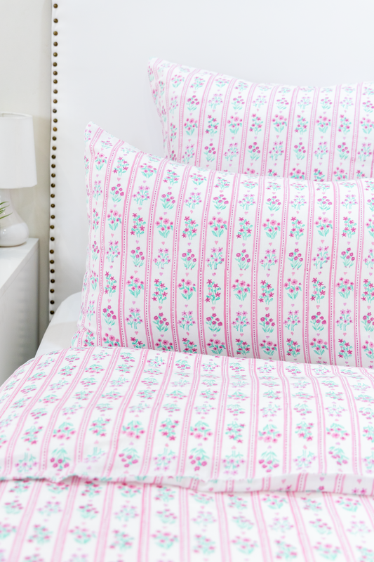 Hand Block Printed Organic Cotton Sateen Sham Cover- Pink Floral Stripes