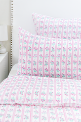 Hand Block Printed Organic Cotton Sateen Sham Cover- Pink Floral Stripes