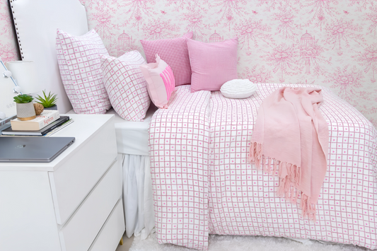 Hand Block Printed Organic Cotton Sateen Duvet Cover- Pink Heart And Checks