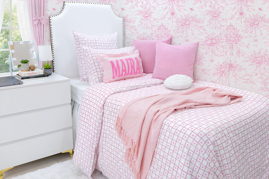 Hand Block Printed Organic Cotton Sateen Duvet Cover- Pink Heart And Checks