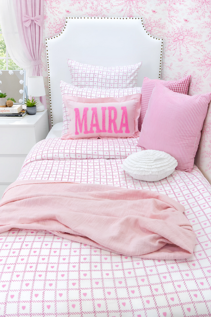 Hand Block Printed Organic Cotton Sateen Duvet Cover- Pink Heart And Checks