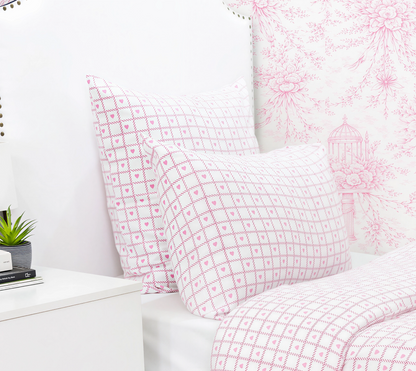 Hand Block Printed Organic Cotton Sateen Duvet Cover- Pink Heart And Checks