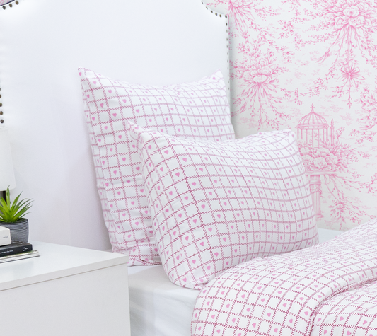 Hand Block Printed Organic Cotton Sateen Sham Cover- Pink Heart And Checks