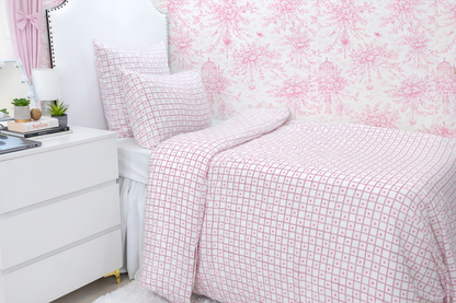 Hand Block Printed Organic Cotton Sateen Duvet Cover- Pink Heart And Checks