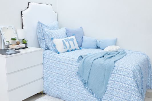 Hand Block Printed Organic Cotton Sateen Duvet Cover- Blue Floral Stripes