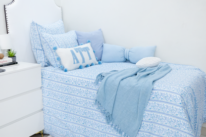 Hand Block Printed Organic Cotton Sateen Sham Cover- Blue Floral Stripes