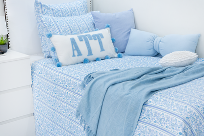 Hand Block Printed Organic Cotton Sateen Duvet Cover- Blue Floral Stripes