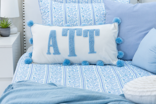 Blue Pom Pom Custom Monogram Pillow Cover