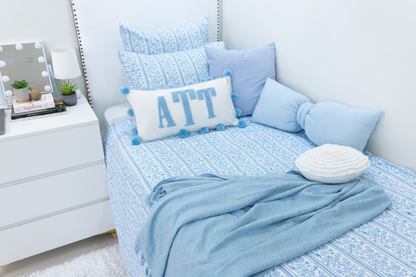 Blue Pom Pom Custom Monogram Pillow Cover