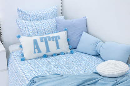 Hand Block Printed Organic Cotton Sateen Duvet Cover- Blue Floral Stripes