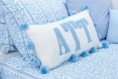 Blue Pom Pom Custom Monogram Pillow Cover