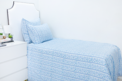 Hand Block Printed Organic Cotton Sateen Duvet Cover- Blue Floral Stripes