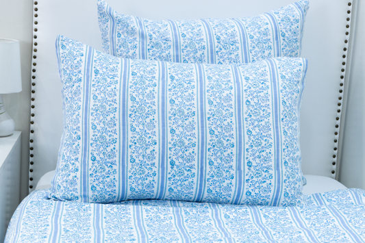 Hand Block Printed Organic Cotton Sateen Sham Cover- Blue Floral Stripes
