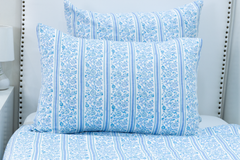 Hand Block Printed Organic Cotton Sateen Sham Cover- Blue Floral Stripes