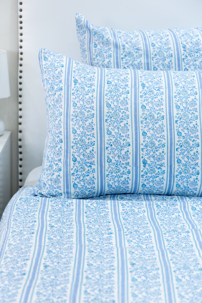 Hand Block Printed Organic Cotton Sateen Duvet Cover- Blue Floral Stripes
