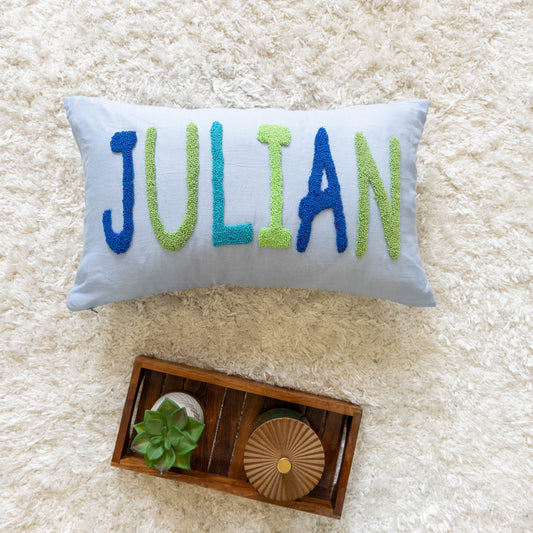 Personalized Artisan Punch Needle Pillow Covers- Baby Blue