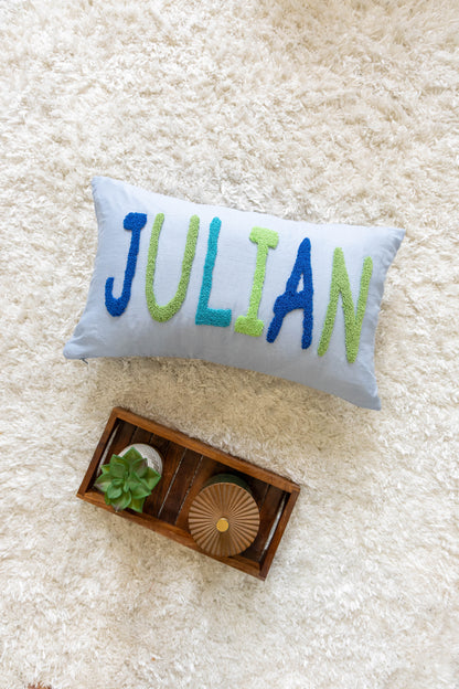 Personalized Artisan Punch Needle Pillow Covers- Baby Blue