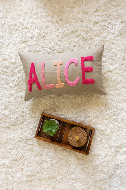 Custom Punch Needle Name Cushion Covers- Oatmeal