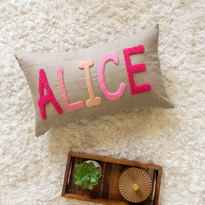 Custom Punch Needle Name Cushion Covers- Oatmeal