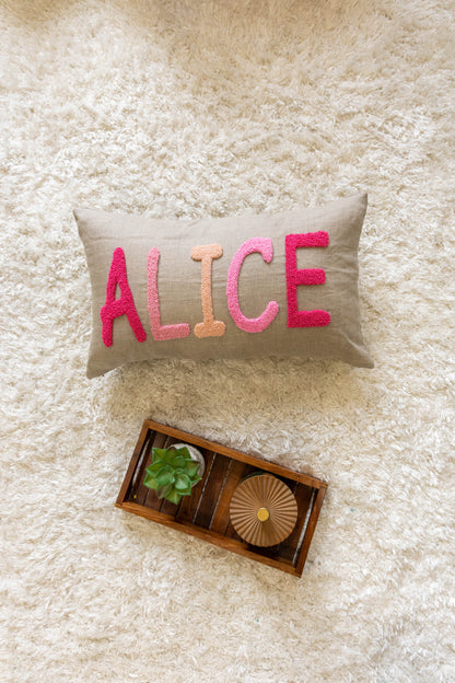 Custom Punch Needle Name Cushion Covers- Oatmeal
