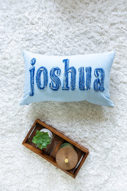 Personalized Punch Needle Embroidered Pillow Cover- Baby Blue