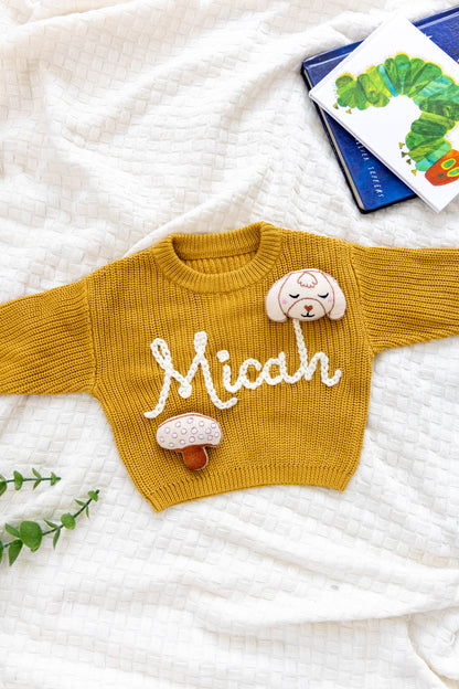 Mustard Yellow Custom Sweater for Baby, Hand Embroidered with Stuffed Patches, 100% Cotton