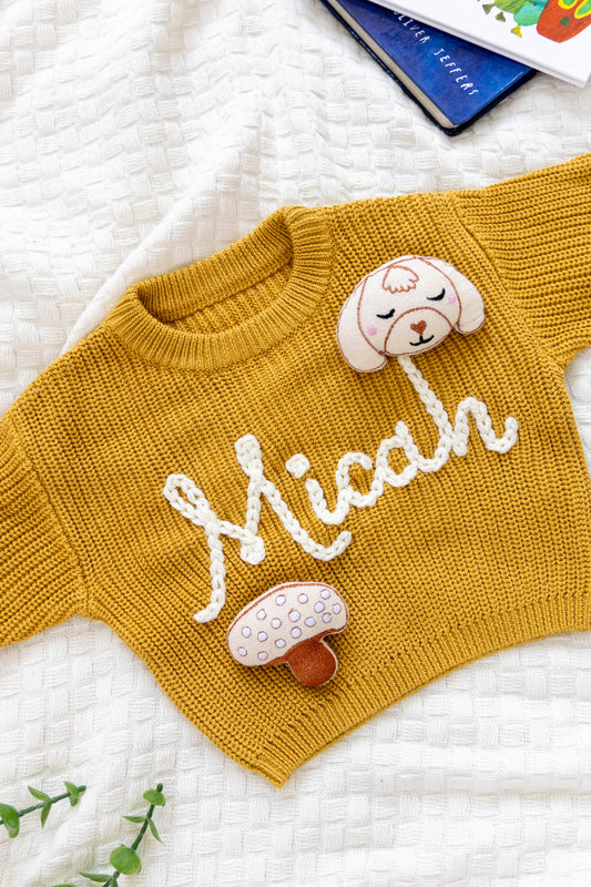 Mustard Yellow Custom Sweater for Baby, Hand Embroidered with Stuffed Patches, 100% Cotton
