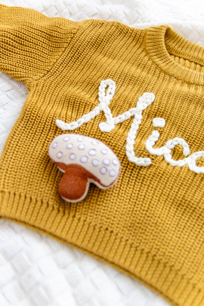 Mustard Yellow Custom Sweater for Baby, Hand Embroidered with Stuffed Patches, 100% Cotton