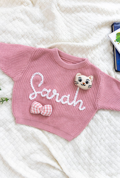 Rose Pink Custom Sweater for Baby Girl, Hand Embroidered with Stuffed Patches, 100% Organic Cotton