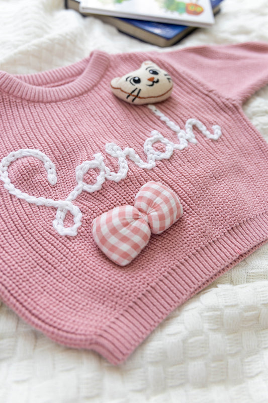 Rose Pink Custom Sweater for Baby Girl, Hand Embroidered with Stuffed Patches, 100% Organic Cotton