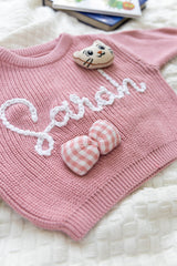 Rose Pink Custom Sweater for Baby Girl, Hand Embroidered with Stuffed Patches, 100% Organic Cotton