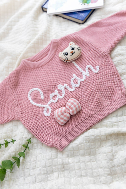 Rose Pink Custom Sweater for Baby Girl, Hand Embroidered with Stuffed Patches, 100% Organic Cotton