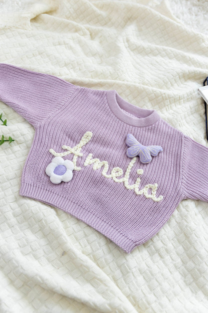 Lavender Custom Sweater for Baby Girl, Hand Embroidered with Stuffed Patches, 100% Organic Cotton