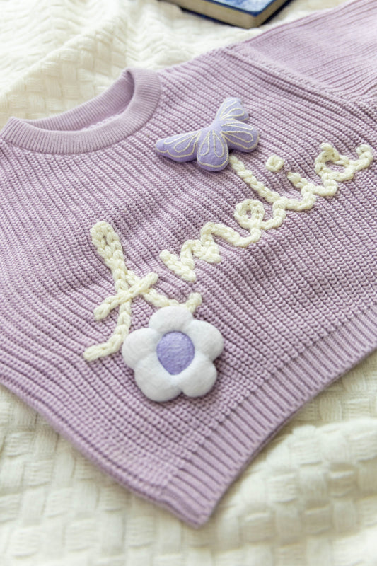 Lavender Custom Sweater for Baby Girl, Hand Embroidered with Stuffed Patches, 100% Organic Cotton