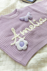 Lavender Custom Sweater for Baby Girl, Hand Embroidered with Stuffed Patches, 100% Organic Cotton