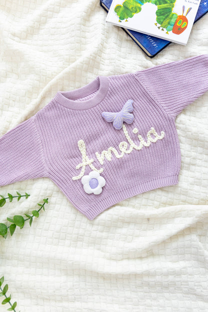 Lavender Custom Sweater for Baby Girl, Hand Embroidered with Stuffed Patches, 100% Organic Cotton