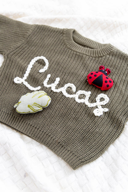 Olive Green Custom Sweater for Baby, Hand Embroidered with Stuffed Patches, 100% Cotton