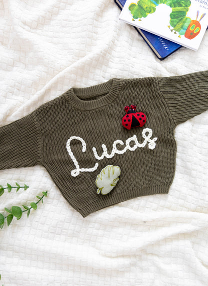 Olive Green Custom Sweater for Baby, Hand Embroidered with Stuffed Patches, 100% Cotton