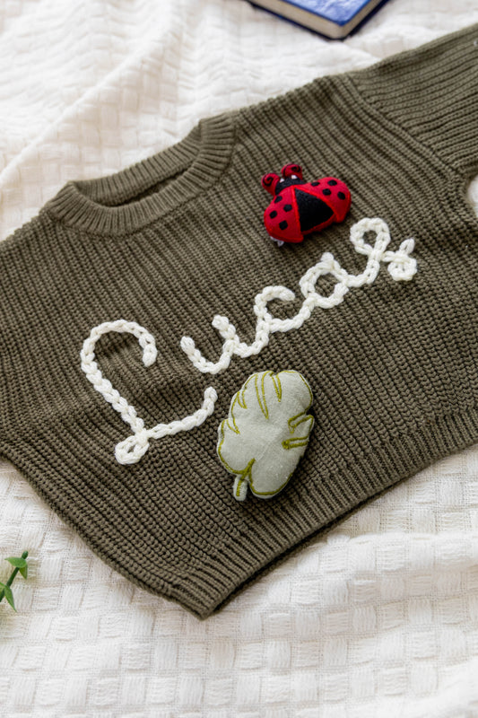Olive Green Custom Sweater for Baby, Hand Embroidered with Stuffed Patches, 100% Cotton