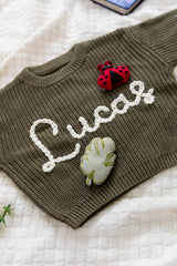 Olive Green Custom Sweater for Baby, Hand Embroidered with Stuffed Patches, 100% Cotton