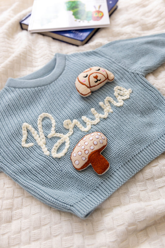 Light Teal Custom Sweater for Baby, Hand Embroidered with Stuffed Patches, 100% Organic Cotton