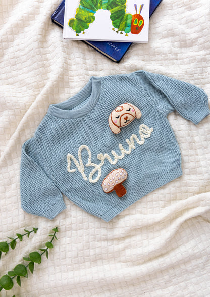 Light Teal Custom Sweater for Baby, Hand Embroidered with Stuffed Patches, 100% Organic Cotton